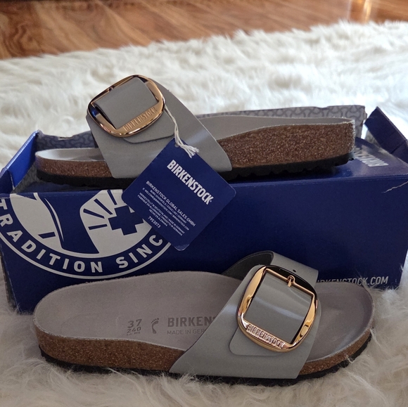 BIRKENSTOCK MADRID BIG BUCKLE' HIGH SHINE GREY' SLIDE SZ EU 37 - Picture 1 of 5